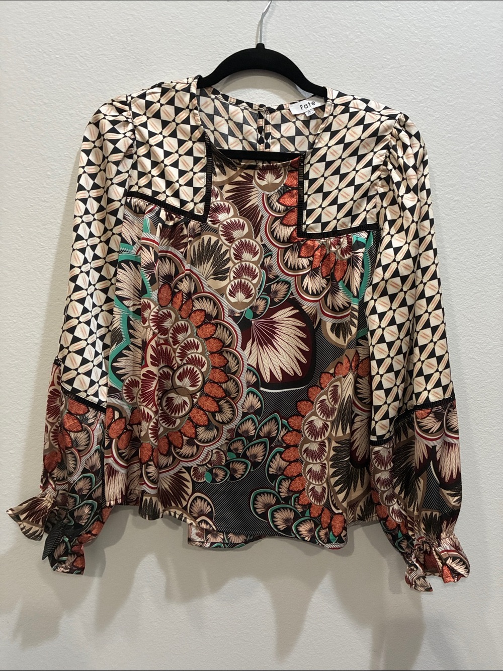 Fate Floral & Geometric Mixed-Print Blouse in Cream, Black & Rust